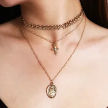 Charms Jesus Virgin Mary Cross Pendant Necklace For Women 2020 Multi Layered Gold Color Chain Statement Choker Religious Jewelry attractive solid color pendant multi layered women s necklace