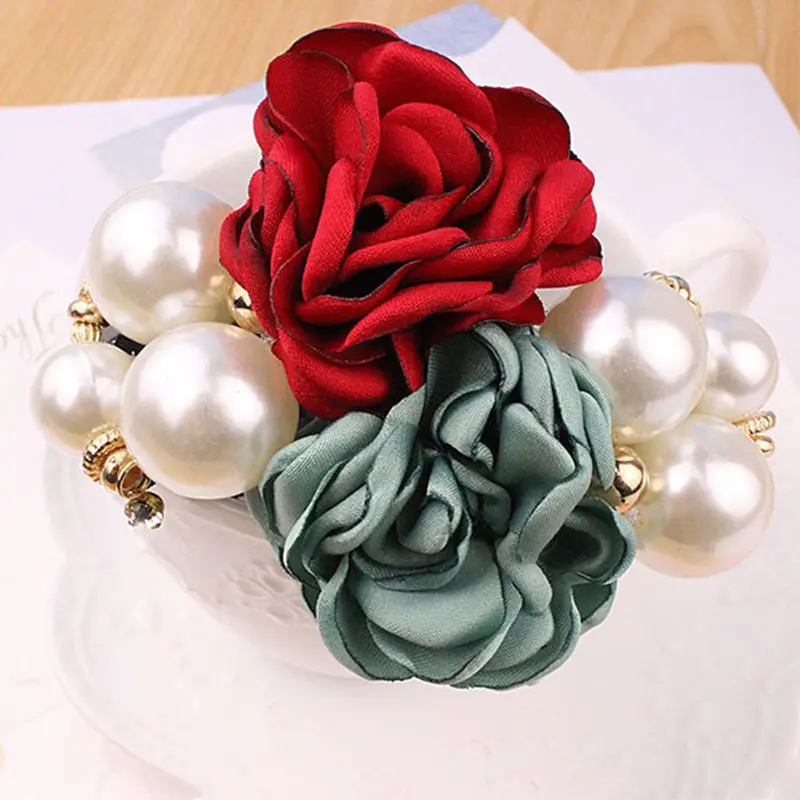 

Fashion Pearl Flower Hair Bands Satin Big Rose Three Pearls Decor Elastic Hairbands Ponytail Headband for Women & Girls