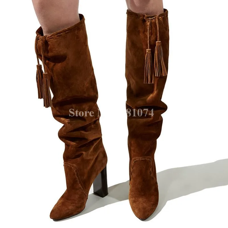 Plissée Troupeau Et Pendentif Picture Bout Hiver Frange Noir As Picture Du Pointu Talons Automne Conception À Hauteur Bottes Mode Femmes Brun Genou as Carré Hauts 7ygfYb6v
