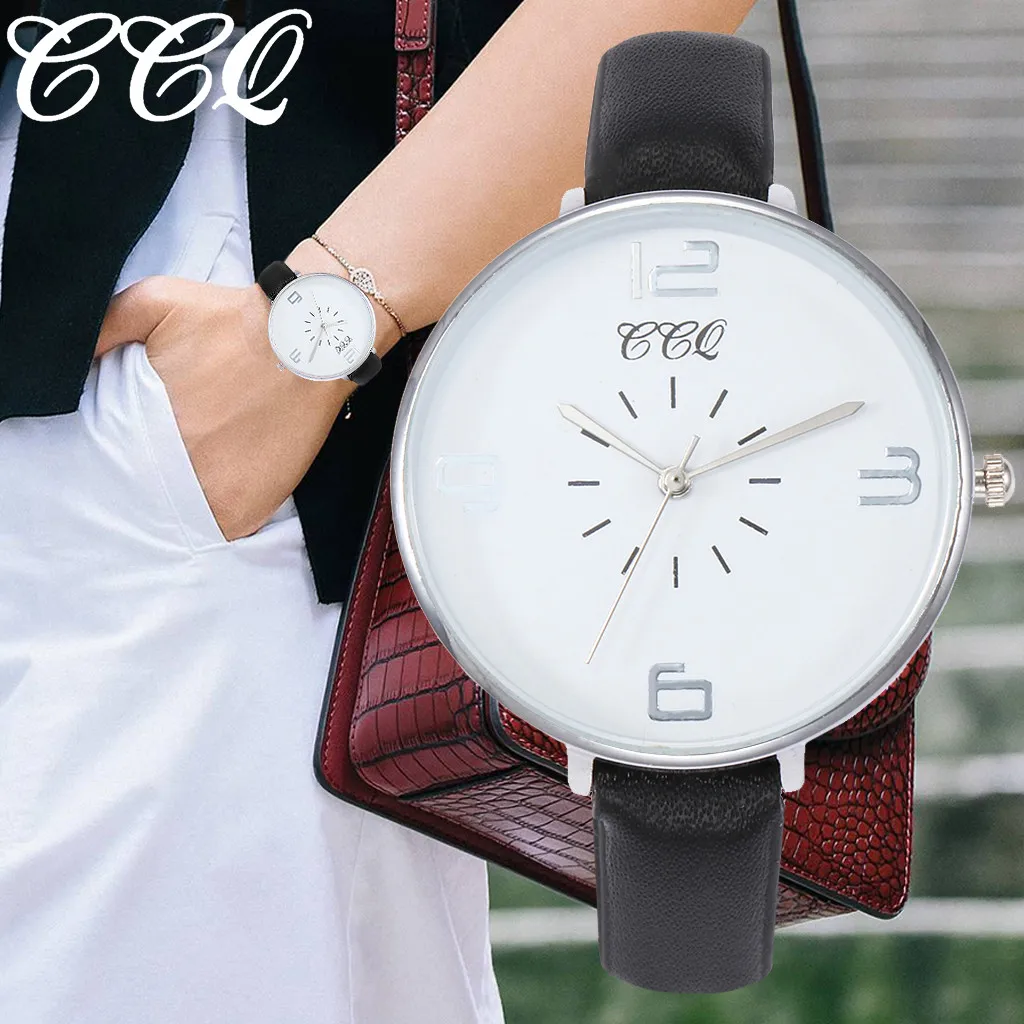 

2019 New CCQ Women's Casual Quartz Leather Strap Watch Fashion Large Dial Ladies Wrist Watch Senhoras assistir Wd3