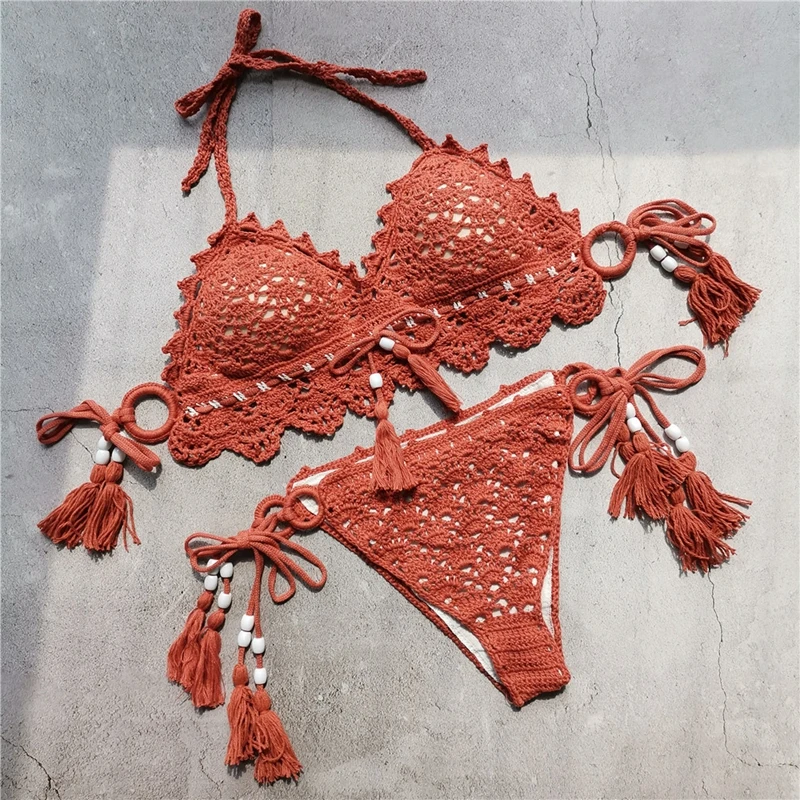 

Crochet Bikini Set 2019 Brazilian Women Sexy Padded Strappy Swimwear Women Swimsuit Knitting Bathing Suit Swim Wear Korea NEW