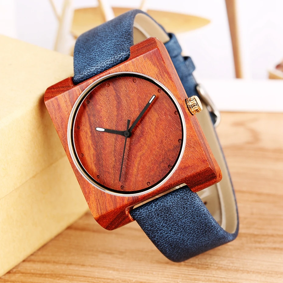 Unique Wood Watch for Men Creative Square Round Dial Leather Quartz Clock Man Watch Men's Ultra Light Woody Wristwatches Gifts 2018 2019 2020 (7)