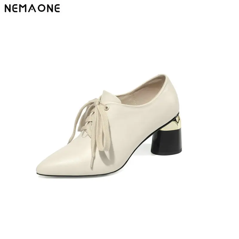 

NEMAONE Brand New Women High Heels Autumn Pumps Corss-tied Genuine Leather Prom Party Shoes Woman Basic Office Pumps Casual Shoe