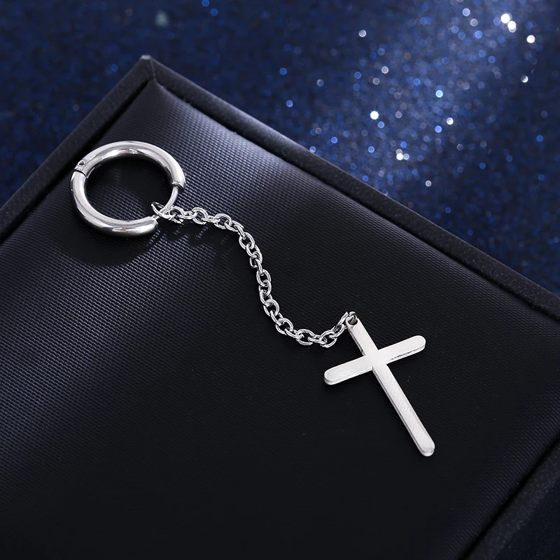 

2 pcs Stainless Steel Silver Cross Ear clip Stud Earrings For Women Men Long Chain Ear Piercings Fashion Jewelry Gift