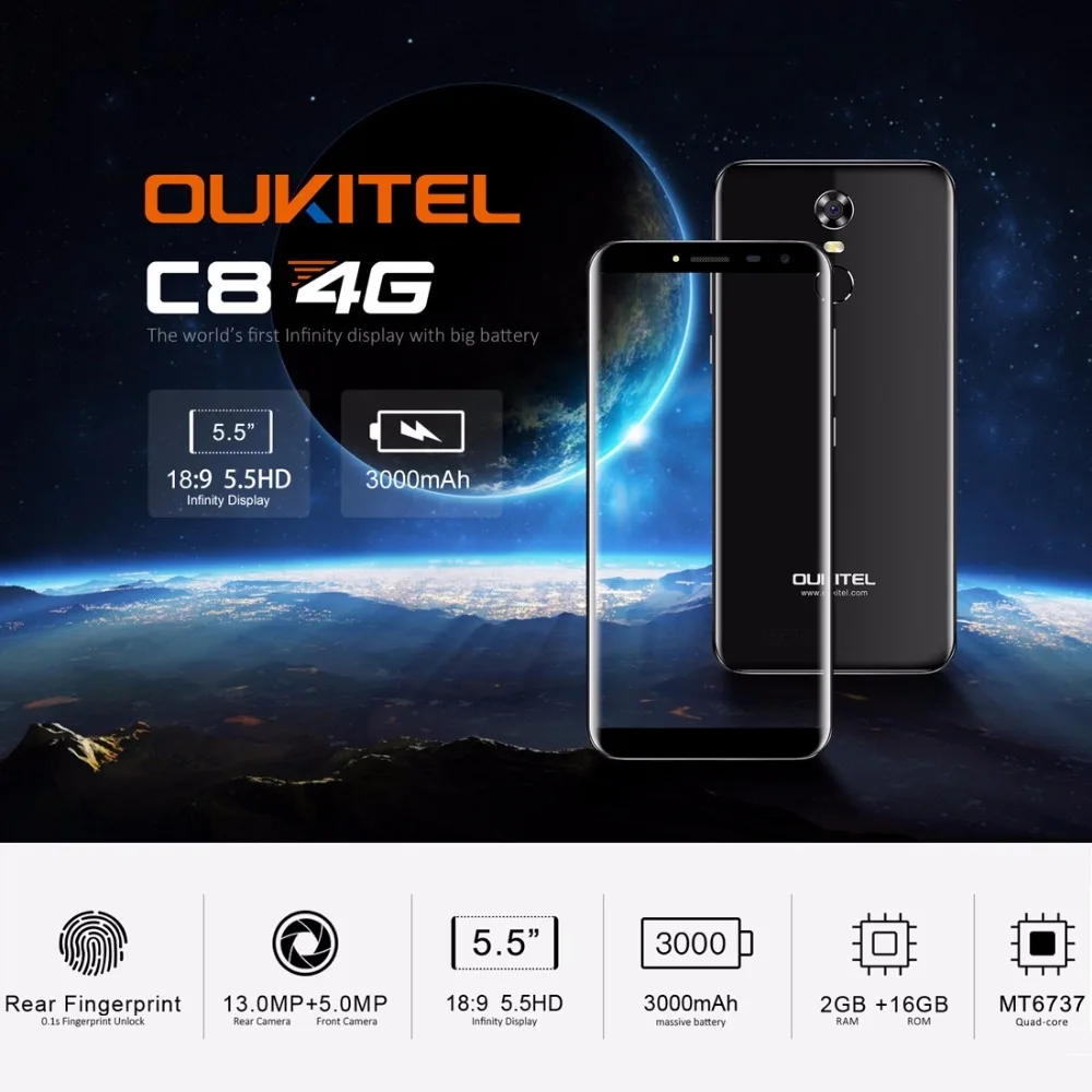 Oukitel C8 4G LTE 5.5'' 18:9 Display Smartphone Android 7.0 3000mAh 2GB RAM 16GB MTK6737 Quad Core Fingerprint 13MP Cellphone
