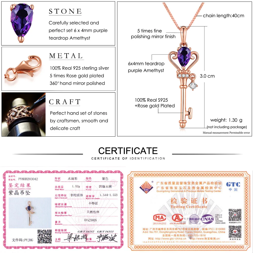 LAMOON-Crown-Key-Pendant-Necklace-6x4mm-0-4ct-Natural-Teardrop-Amethyst-925-Sterling-Silver-Jewelry-Rose