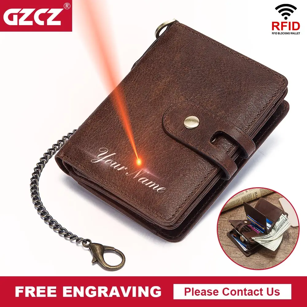 En Ligne GZCZ portefeuille décontracté hommes Crazy Horse portefeuilles porte monnaie court homme sac d argent Designer de qualité RFID chaîne portefeuille avec gravure gratuite
