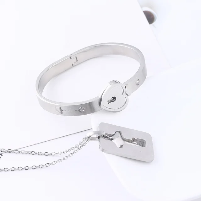 Matching Puzzle Couple Heart Lock Bracelet and Key Pendant Necklace for  Lover Jewelry Gift - AliExpress