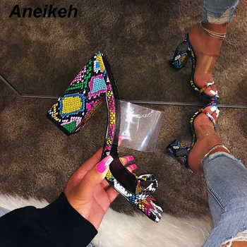 

Aneikeh 2019 Summer Classic PVC Women Slippers Transparent Square High Heel Thin Belt Casual Party Serpentine Apricot Size 35-40