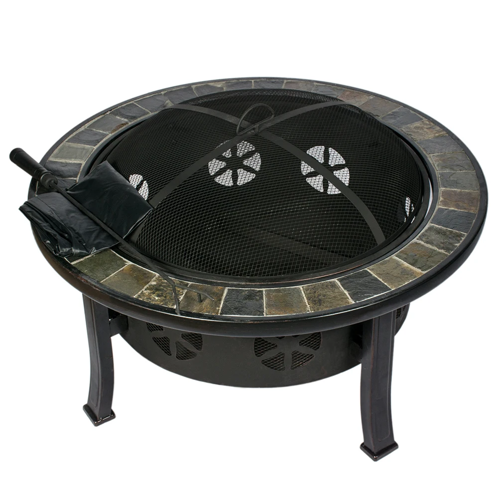HIO 34 Inch Natural Slate Top Outdoor Fire Pit with Spark Screen Protective Cover and Safety