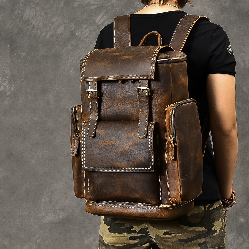 Retro Genuine Leather Men's Backpack Large Capacity laptop bag school backpack male shoulder bags Brown leather Travel Backpacks
