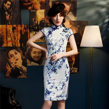 

Vintage Button Mandarin Collar Qipao Women Satin Print Flower&leaves Vestidos Sexy Tight Slim Big Size 3XL Novelty Cheongsam