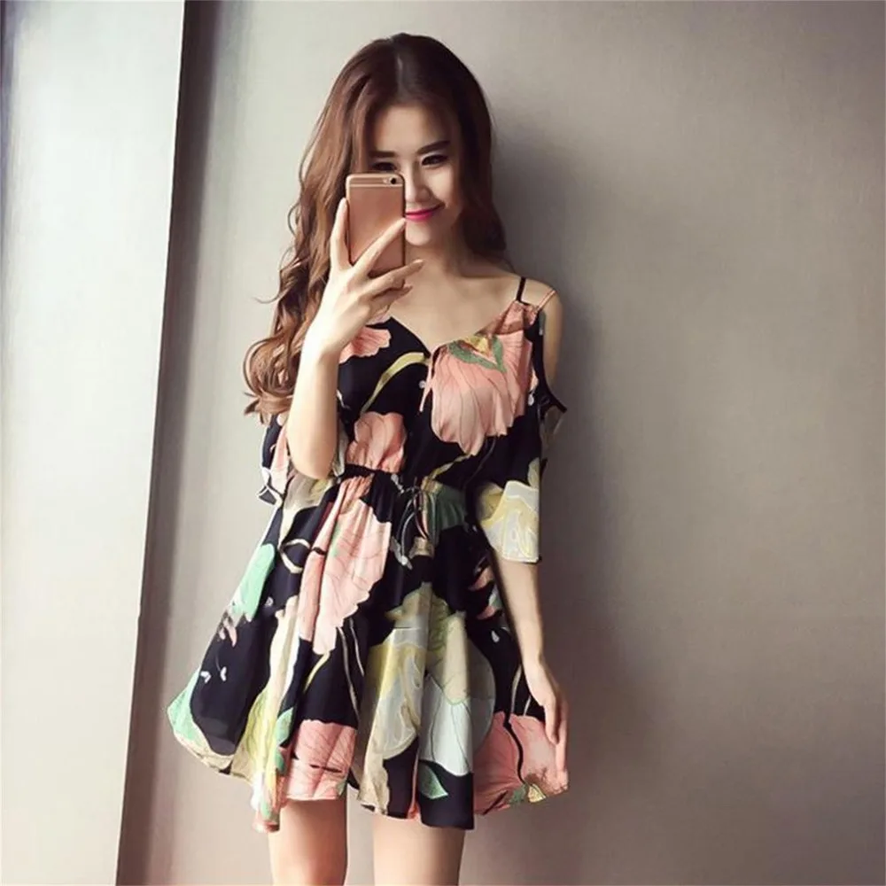 

Women Summer Dress 2018 Boho Cold Shoulder V-Neck Floral Print Pleated dresses women Party Club Elastic Waist Formal Dress C3