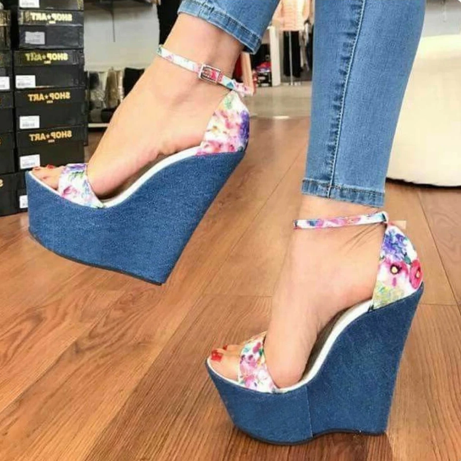 

2019 New Designer Print Denim Sandals Roman Sandals High Quality Wedges High Heels Peep-Toe Platform Shoes Woman