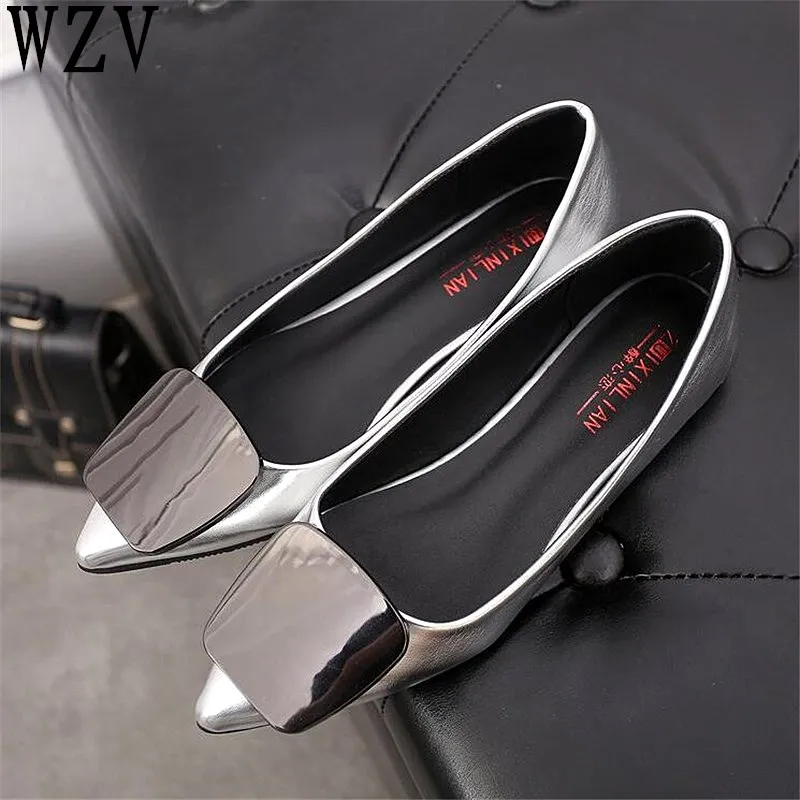

2019 Women Flats Metal Buckle Pointed Toe Flat Shoes Women Loafers Leather Ladies Shoes Casual Slip On Shoes woman E519