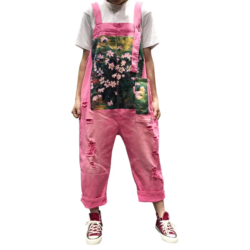 

Summer jeans women's large size bib women loose retro literary print pattern hole jeans women