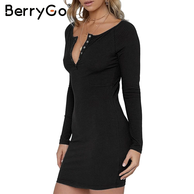 BerryGo красный вязаный bodycon сексуальное платье Для женщин Длинные рукава Осень мини