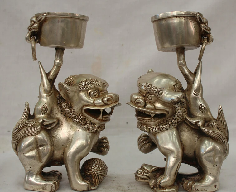 

8" Chinese Palace Silver Foo Fu God Lion Pair Statue Candle Holder Candlestick A R0710