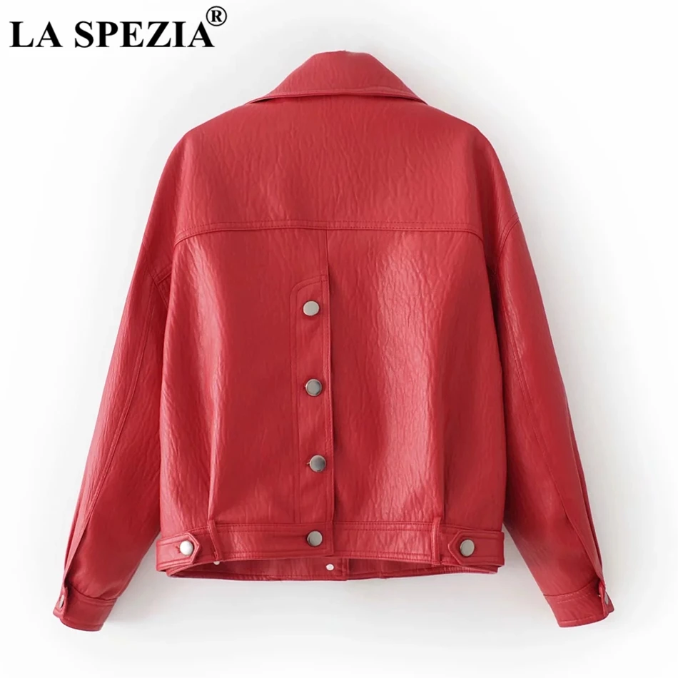 LA SPEZIA Red Coat Women Faux Leather Short Jacket Female Button Loose Pockets Biker Motorcycle Rock Autumn Winter Clothes Beige