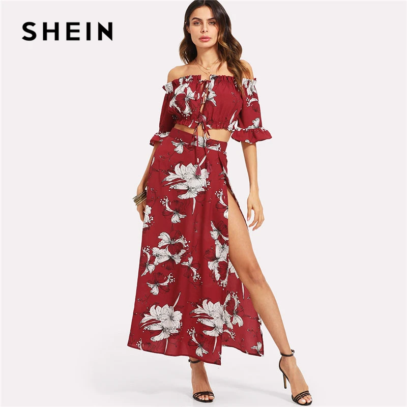 Buy SHEIN Burgundy Crop Bardot Top And High Slit Skirt