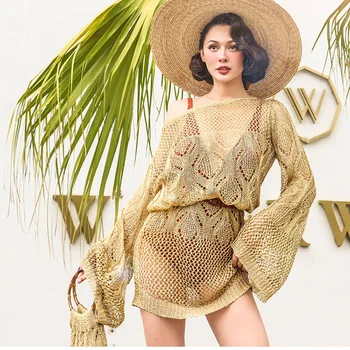 

le palais vintage Designed Holiday See Through Hollow Out Knitwear Women Dazzle Sequined Loose Long Type One Size 2019 Summer