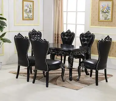 Европейский стиль обеденный стол и стул комбинация 6 Человек Черный твердый деревянный резной прямоугольный стол простой небольшой семьи - Цвет: 1