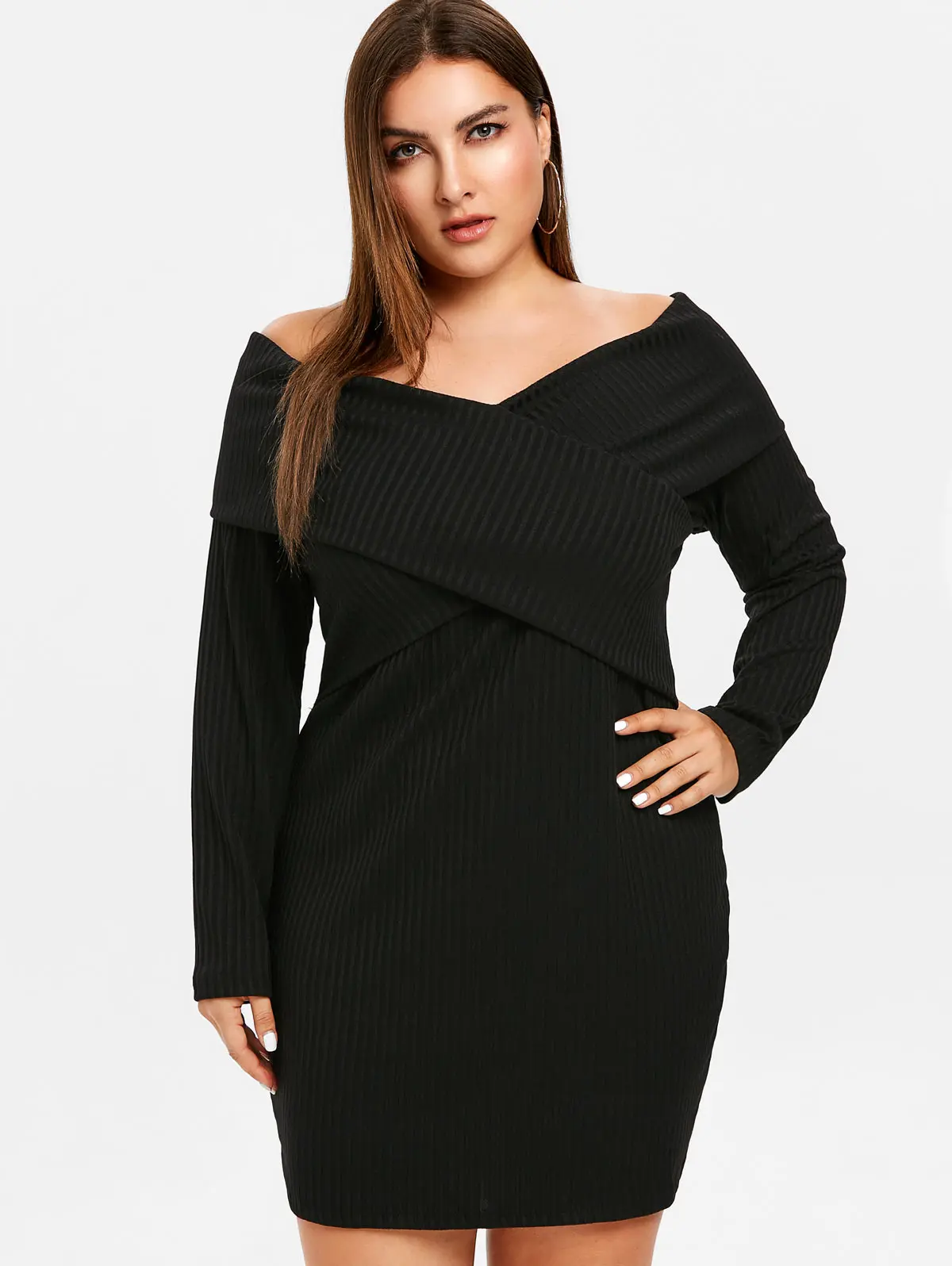 

ZAFUL Spring Fall Knitted Sweater Dress Plus Size Women Off Shoulder Mini Sexy Bodycon Dress Autumn Long Sleeve Party Dress