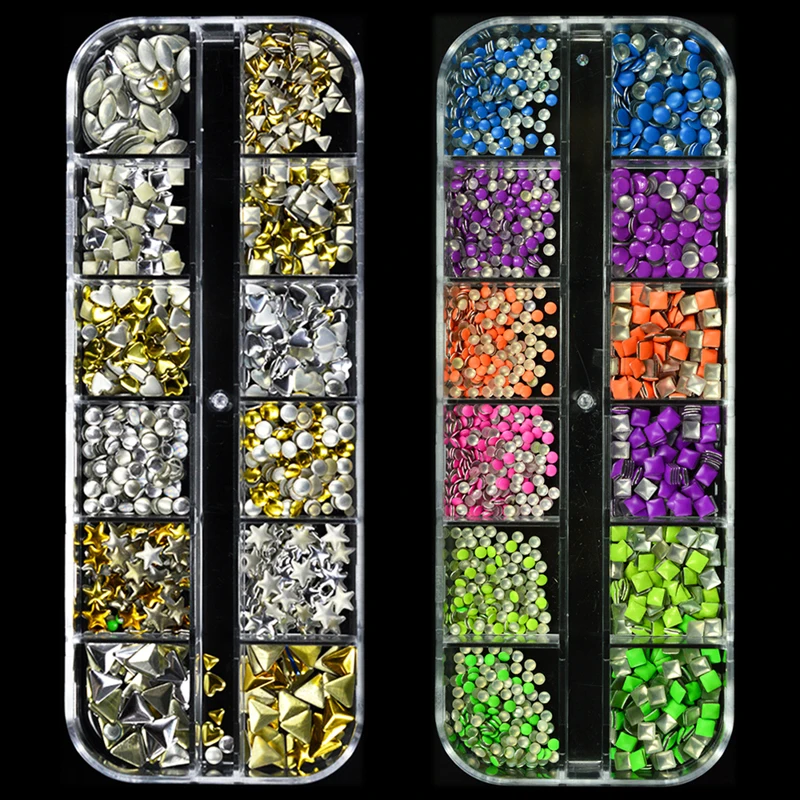

1 Case Studs Punk Rivet Geometry Mixed Size Metal Gold Silver Colorful Nail Art Rhinestones Decoration 3D Designs Manicure JI496