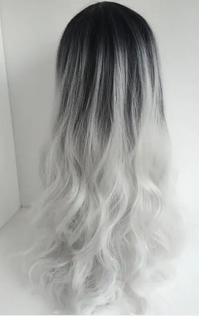 Long Curly Hair Ombre Wigs Two Tone Natural Black Silver White