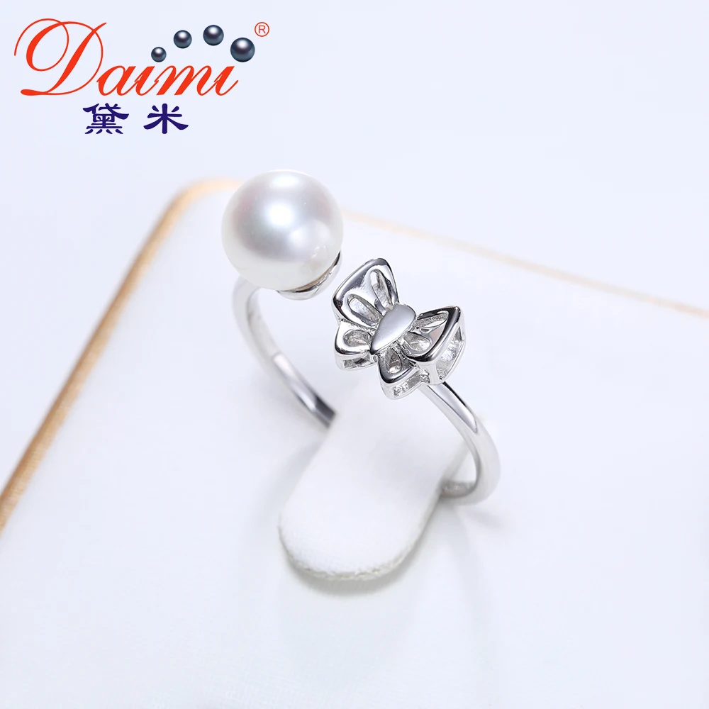 

DAIMI 7-8mm Freshwater Pearl Perfectly Round Pearl Ring 925 Silver Ring Butterfly Ring
