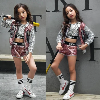 

Pink Girls Sequined party Jazz dancewear costumes Kids ballrooom Hip Hop Stage dancing Outfits Children dancing clothes