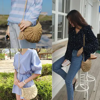 

2019 Newest Hot Women Fashion Handmade Straw Rattan Tassel Shoulder Bag Ladies Summer Beach Holiday Crossbody Bag Round Handbag