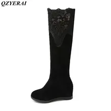 QZYERAI/Новое поступление; зимние женские сапоги до бедра со шнуровкой на танкетке; теплая Молодежная женская обувь для отдыха