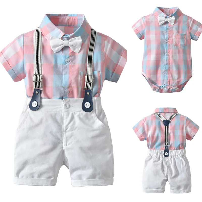 Летняя От 6 месяцев до 4 лет, 2 предмета, одежда для маленьких мальчиков Одежда для джентльмена розовая клетчатая Футболка Топ, комбинезон+ комбинезон, шорты, комплект
