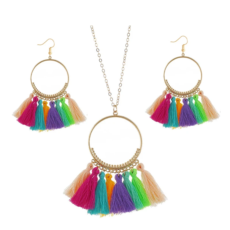 

Vintage Bohemian Tassel Necklace Earrings Set Big Circle Pendant Necklaces Drop Earrings New Party Dress Jewelry Sets For Women
