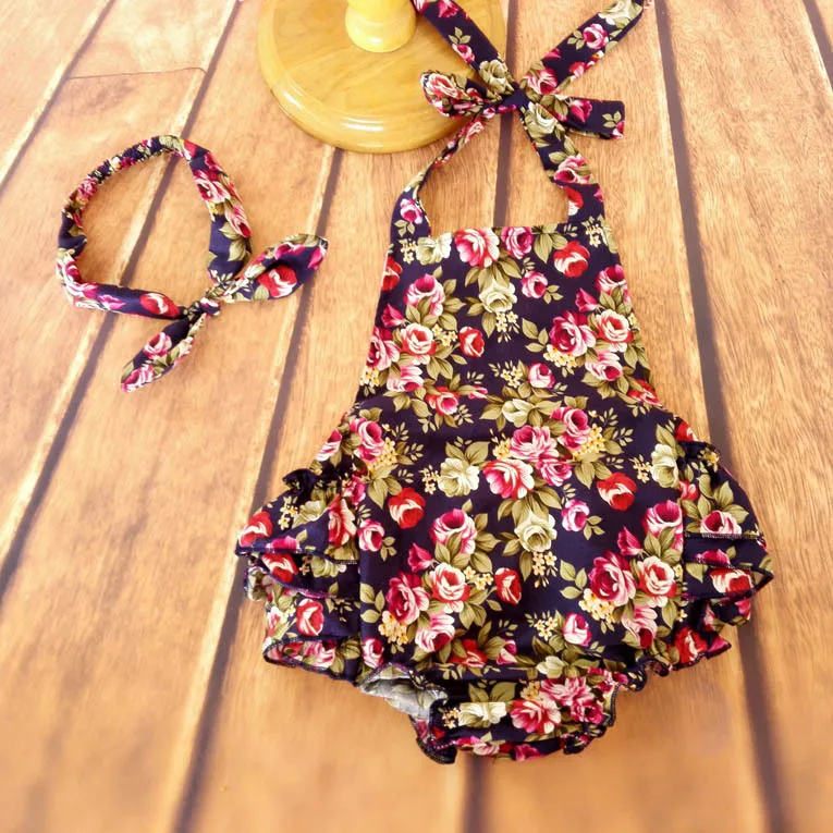 

3pcs/Wholesale Girls outfit ,navy blue Rose Floral Girls bubble romper with knot headband ,baby clothes Baby Girls Rompers