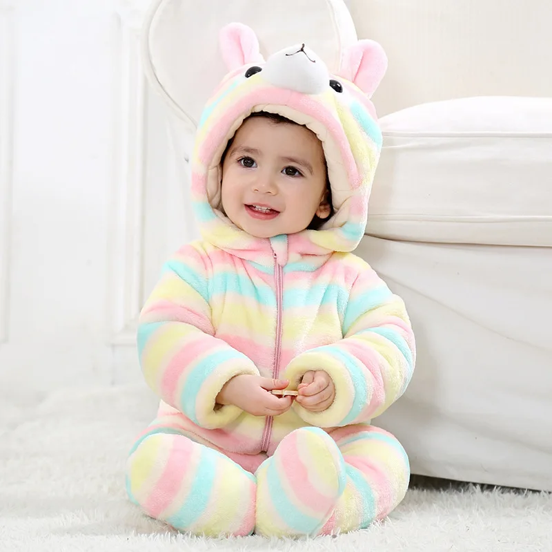 

Winter Child Rainbow Bear Style Baby Boys Girls Coral Fleece Hoodies Overalls Newborn Baby Romper Newborn Toddle Warm Jumpsuit