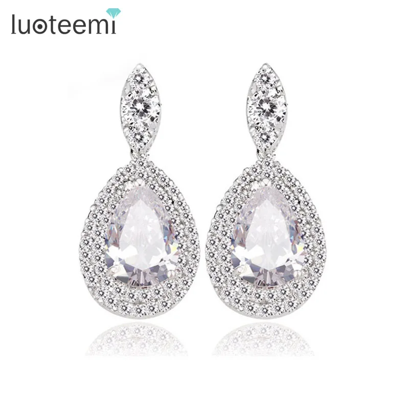 

LUOTEEMI Hot Sell! Pure Clear Cubic Zirconia Tear Drop Earrings Bridal Wedding Jewelry for Women White Gold-Color Wholesale