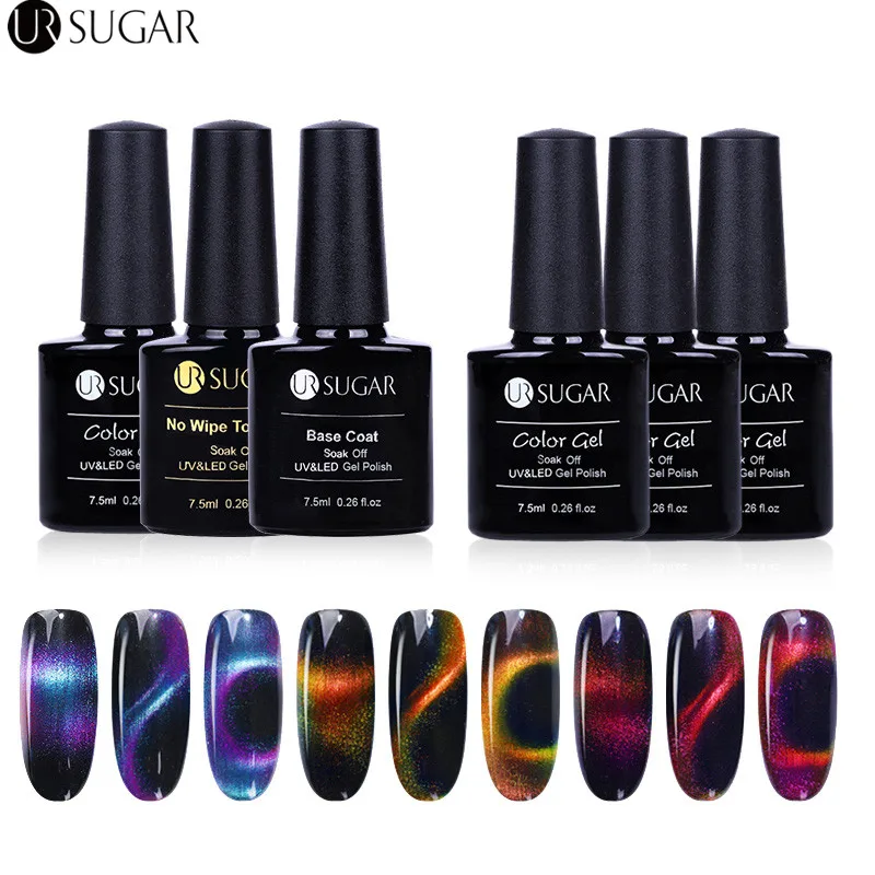 

6 Pcs/set UR SUGAR 3D Chameleon Cat Eye Magnetic Gel Set Gradient Effect Soak Off UV Gel Polish with Black Color Base Top Coat