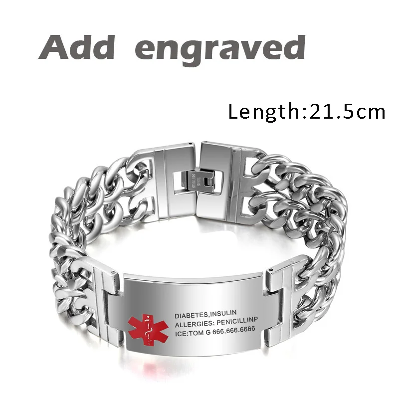 add engraved-21.5cm Спецодежда медицинская оповещения Нержавеющая сталь двойной Link Мужской Браслет, гравировки ID тегов Браслет для Для мужчин - Окраска металла: add engraved-21.5cm