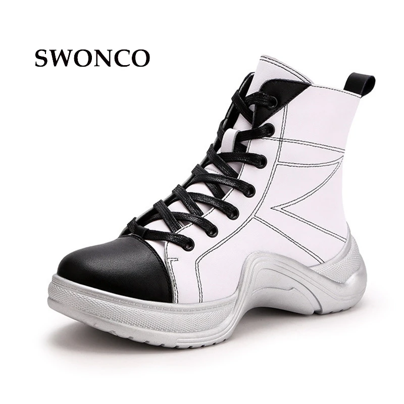 

SWONCO Women's Ankle Boots 2018 Autumn Genuine Leather Lace Up Ladies Sneakers Ankle Boots For Women Black White Woman Shoes