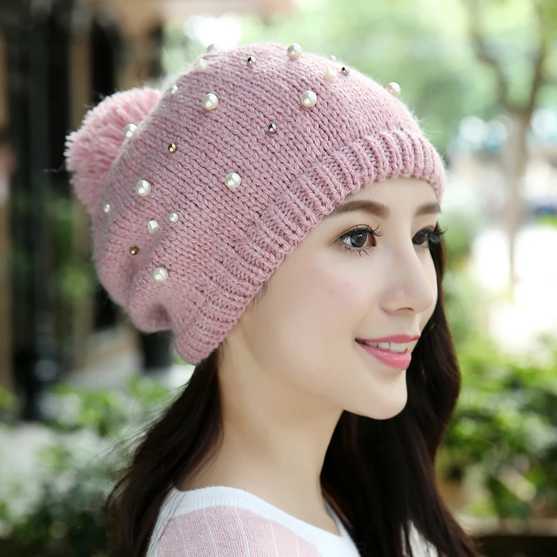 

Hot Women Autumn Winter Knitted Thick Fleece Lined Soft Nap Applique Beaded Pearl Ladies Skullies Toboggans Beanies Gorro Hat