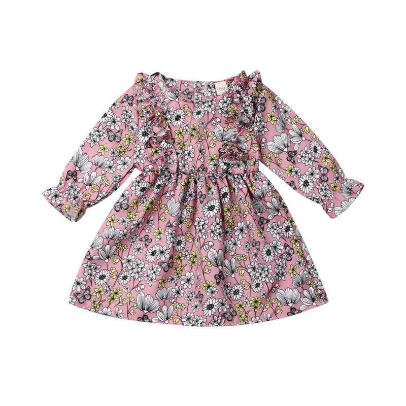 

Cute baby sister girl dress fashion floral print ruffled long sleeve children baptism dress