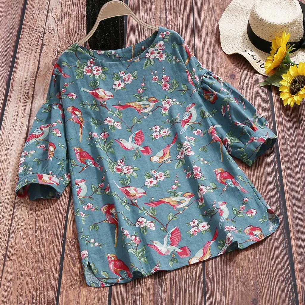 

Linen Large Size Women Blouse Fashion Women Top Half Sleeve Print Blouse Cotton Linen Casual Blouses Tunic Shirt Camisa Feminina