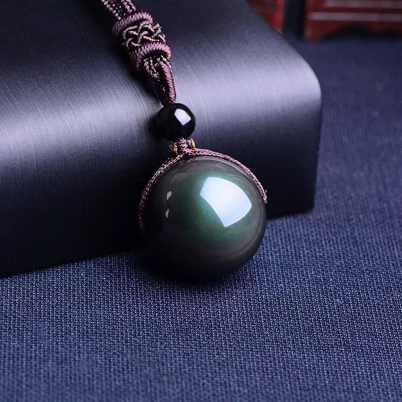Qevila Natural Stone Pendant Necklaces for Women Men Black Obsidian Rainbow Eye Beads Ball Transfer Good Lucky Love Energy Stone (6)