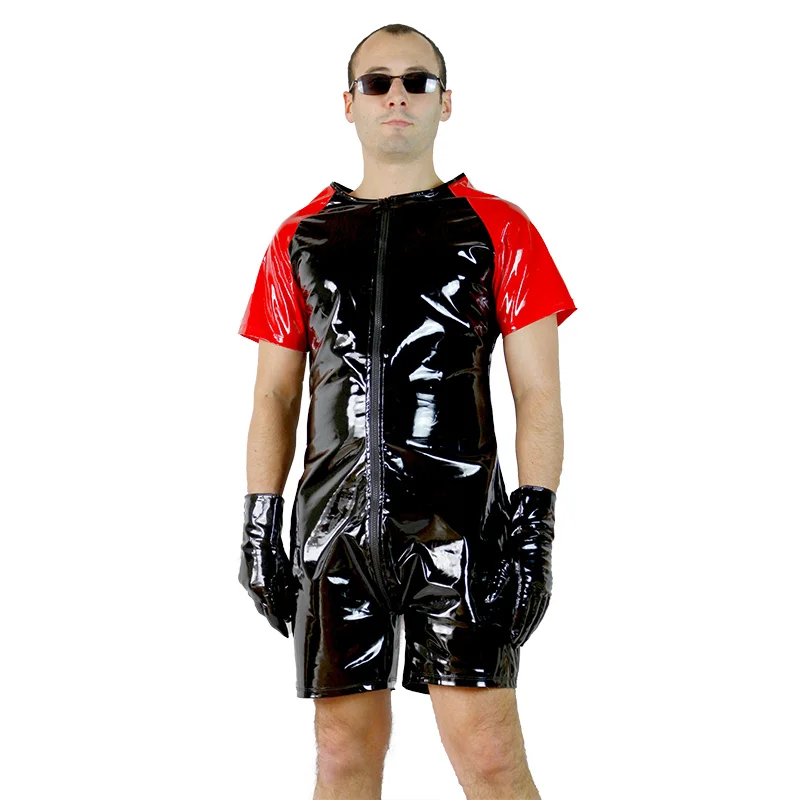 Wetlook Latex Catsuit Leather Man Jumpsuits Black Stretch PVC Bodysuits Sexy Clubwear Men Open Crotch Vinyl Lingerie Body Suit -