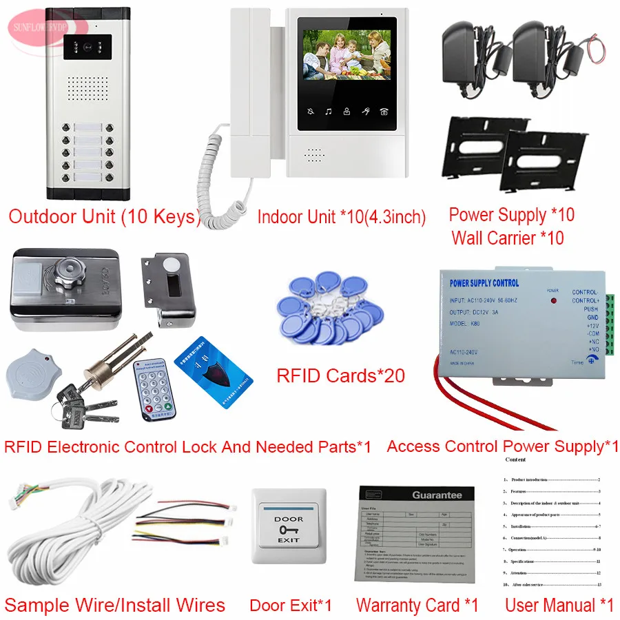 Видеодомофон с Rfid разблокировкой 4 3 дюйма 10 шт.|video intercom kit|intercom rfidintercom kit |