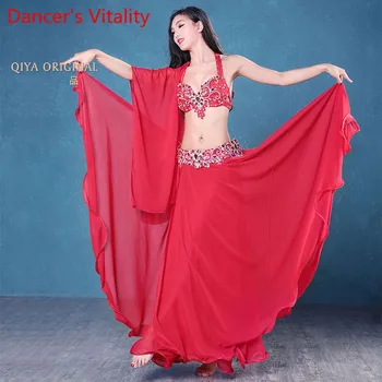 

2018 Professional Customize Classic Red gypsy Belly Indian gypsy Dance Performance set 4 pcs (Hand gauze + bra + belt + skirt)