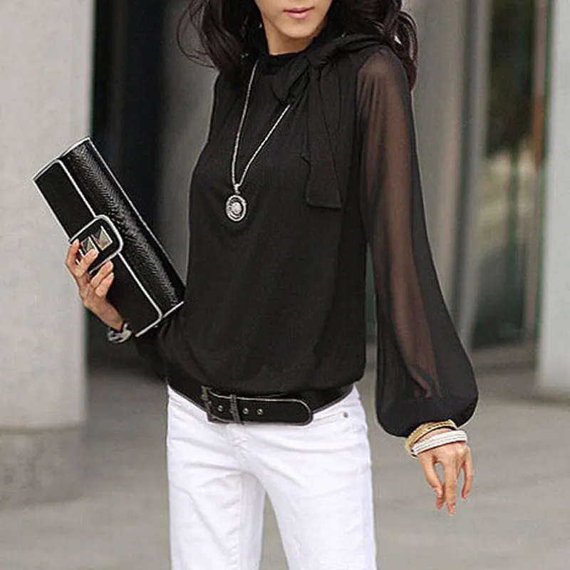 Achat Celmia 2018 Printemps Automne Femmes En Mousseline de Soie Blouse Arc Cou Long Lanterne Manches Lâche Chemises Blusas Femininas Occasionnels Plus La Taille Tops