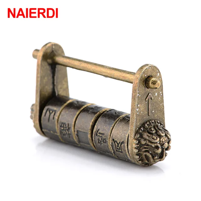 Chinese Vintage Antique Bronze Keyed Padlock Retro Combination Password Lock Jewelry 4